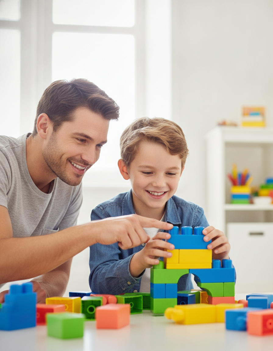A parent encouraging their child through a short, focused building activity at home