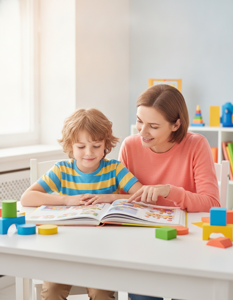 A parent sits beside their child at a table, encouraging them as they read from an open book.