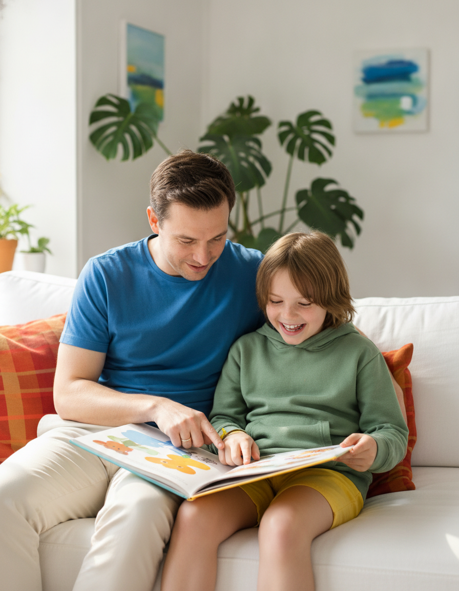 Parent and a 12-year-old sharing a picture book on a bright couch, the child pointing at the page and grinning