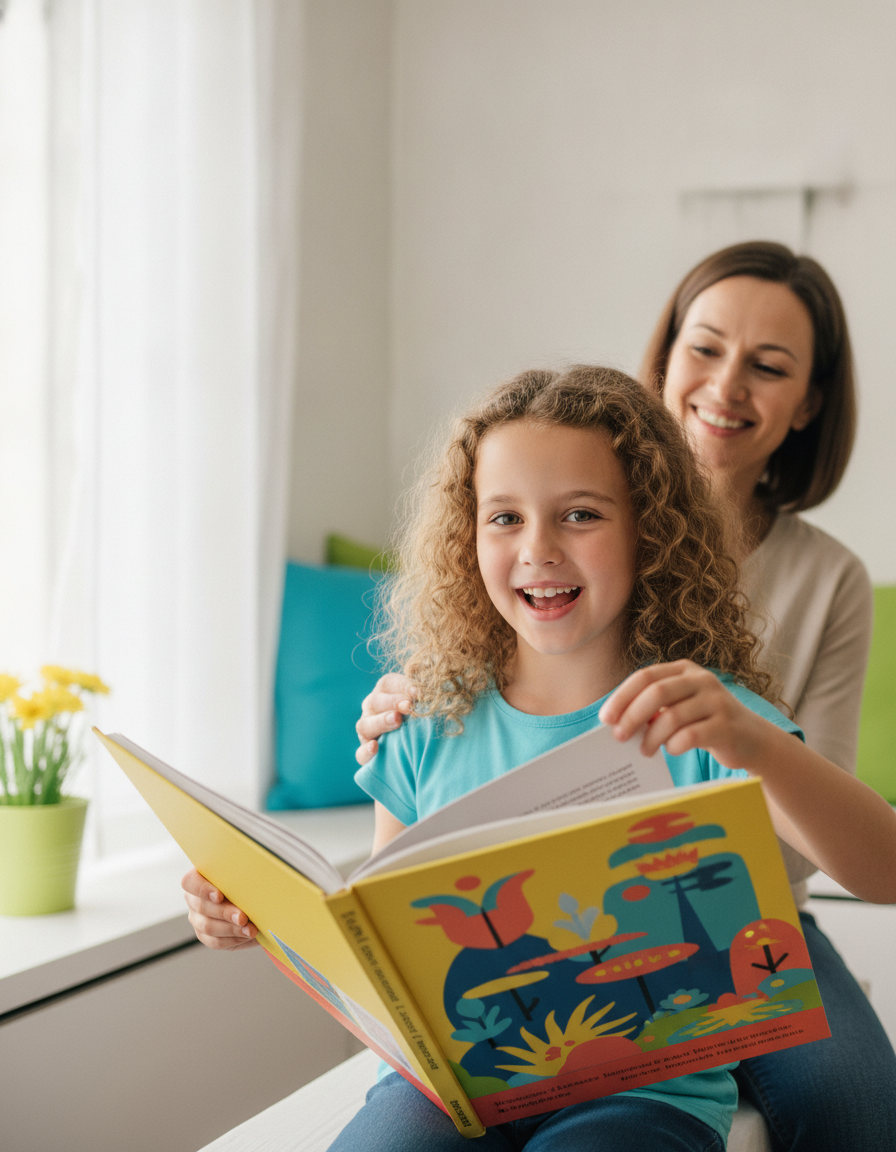A bright, confident 12-year-old girl holding an open colorful picture storybook with a parent's encouraging hand on her shoulder, both smiling