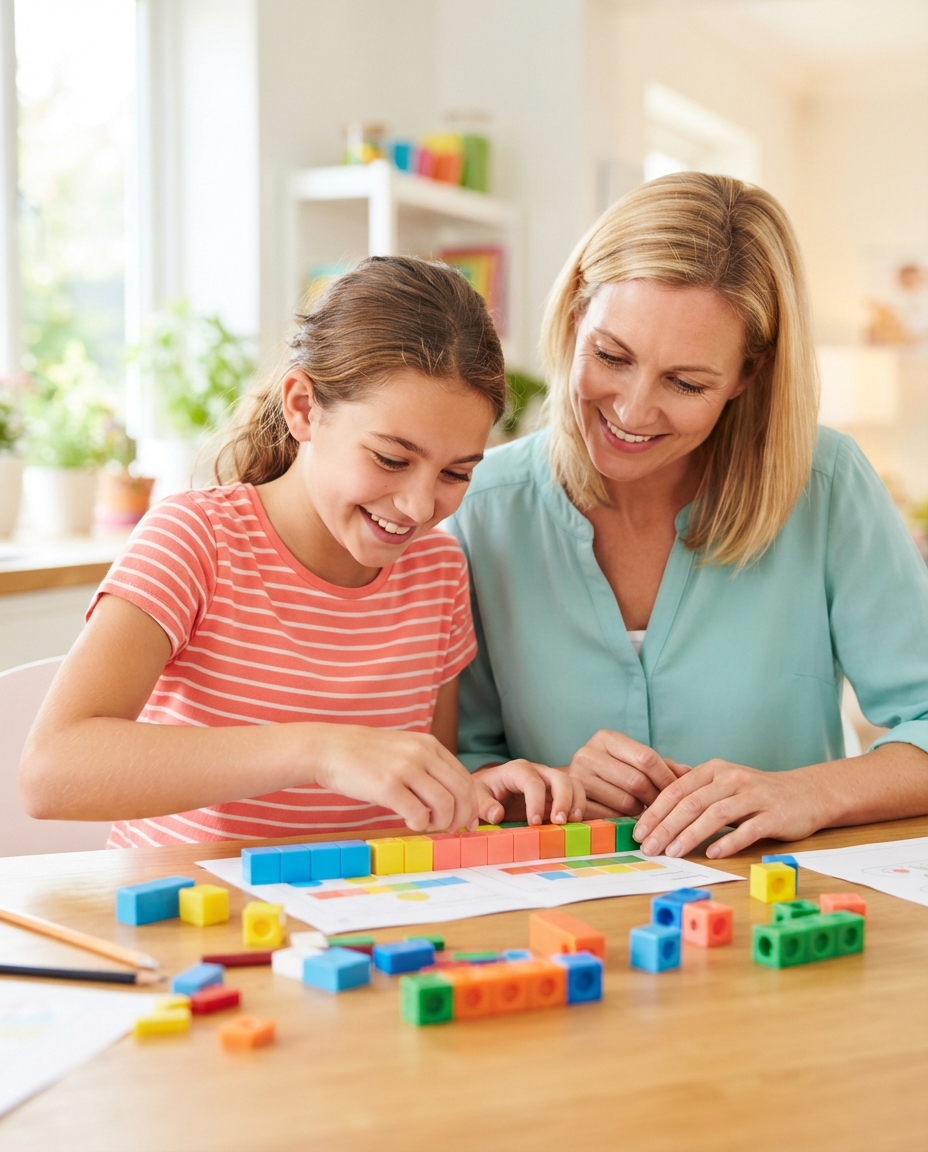 A parent and a twelve-year-old working together at home with colorful counting cubes