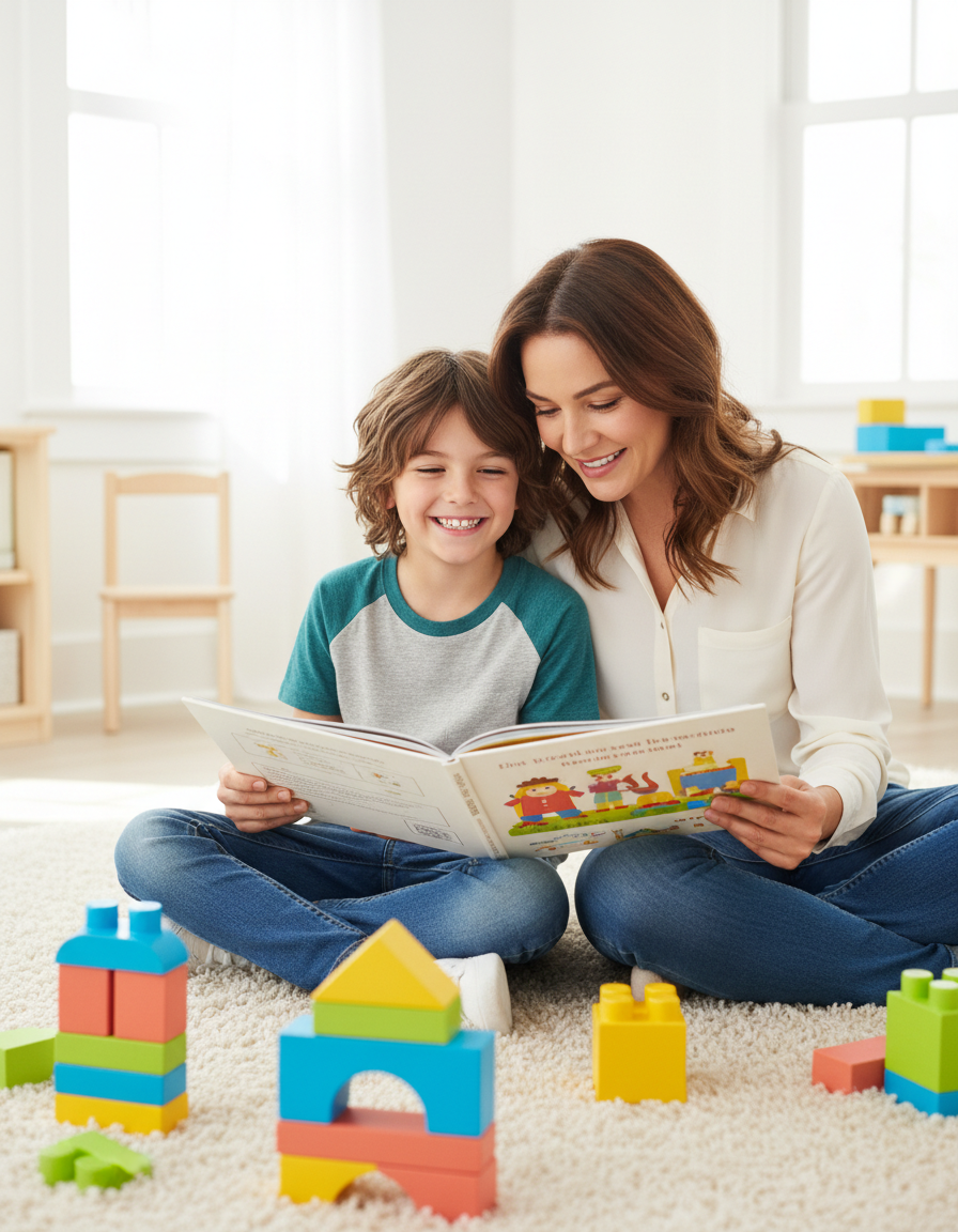 A smiling 12-year-old reading an open picture book beside a supportive parent in a bright room