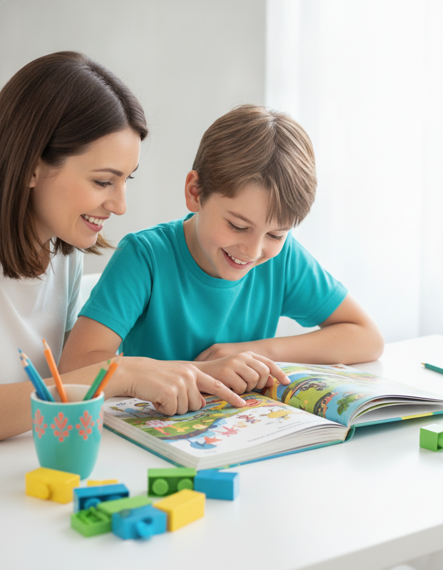 A parent and a smiling 12-year-old pointing together at an illustrated storybook at a bright, tidy desk