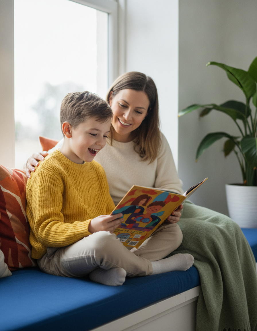 Child reading a book aloud on a sunny window seat while a parent listens beside them