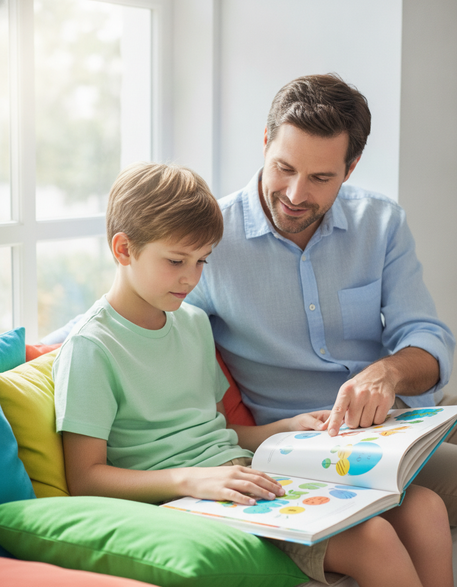 A father sitting beside his focused 12-year-old son on a bright window seat, pointing gently at an open picture book.