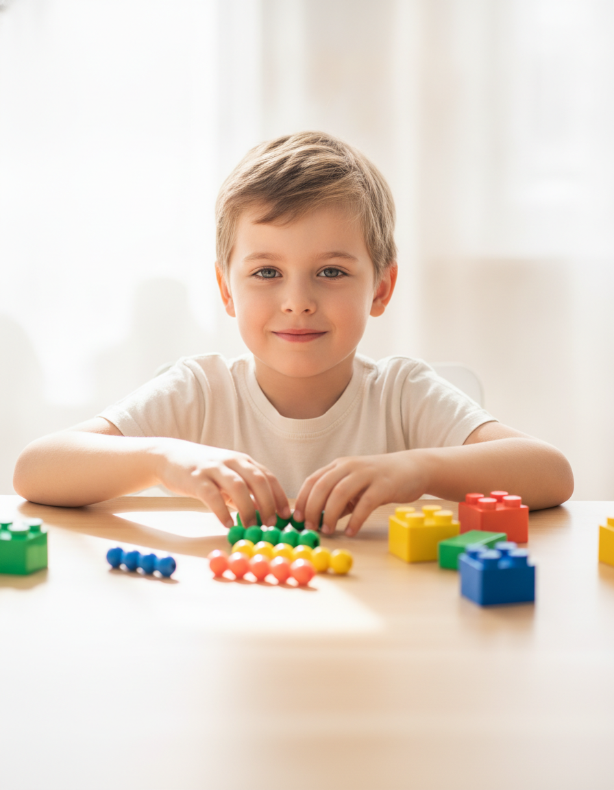 A focused child arranging colorful counting beads and blocks into small groups at a clean light table