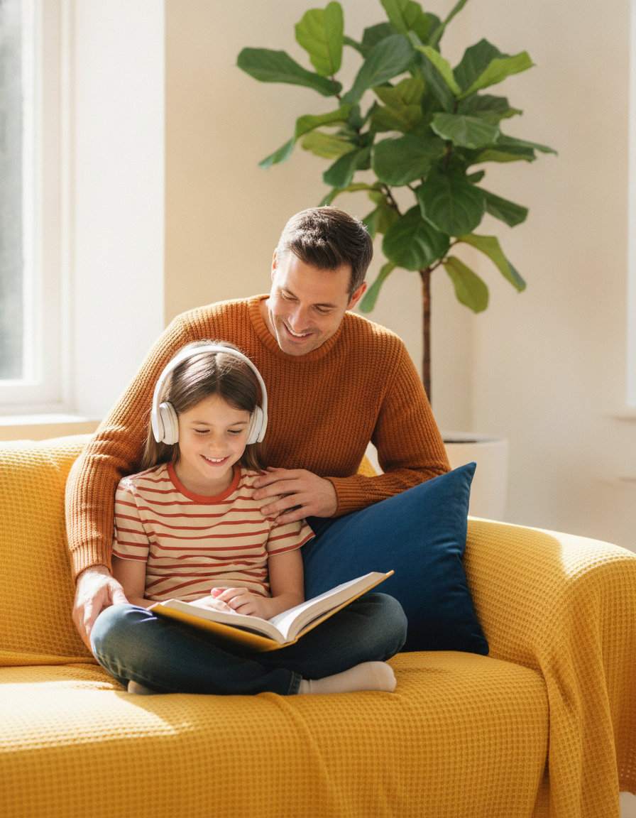 Parent sitting close to a child who reads with headphones on a sunny sofa