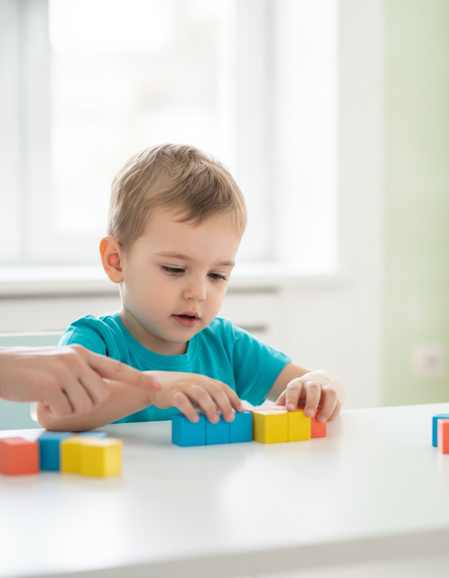 A twelve-year-old sorting colorful counting blocks into small groups while a parent gently guides them