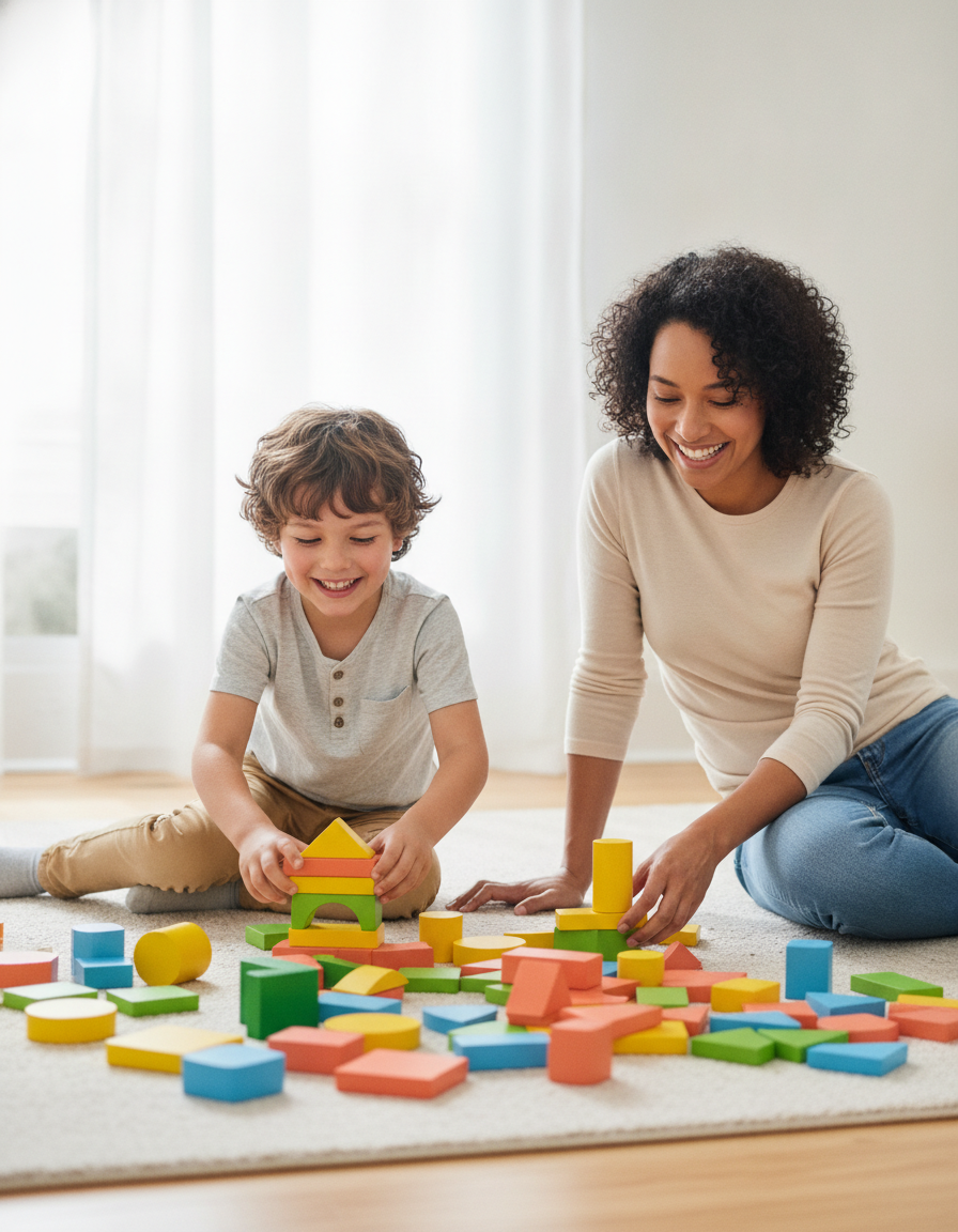 A smiling child and parent playing with colorful learning blocks together