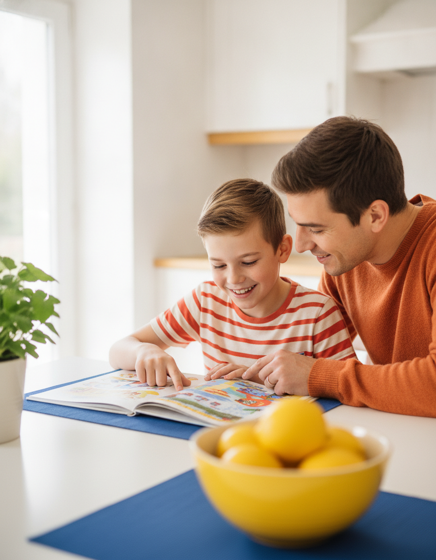 Parent and child sharing a book at a bright kitchen table