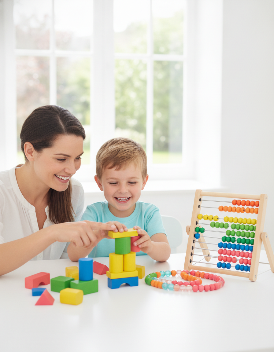 A smiling 12-year-old and a parent stacking colorful blocks and counters together at a bright table
