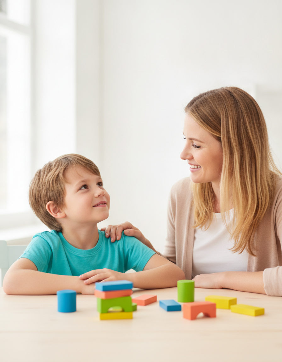 A parent smiles warmly beside a hopeful child at a bright table scattered with colorful blocks