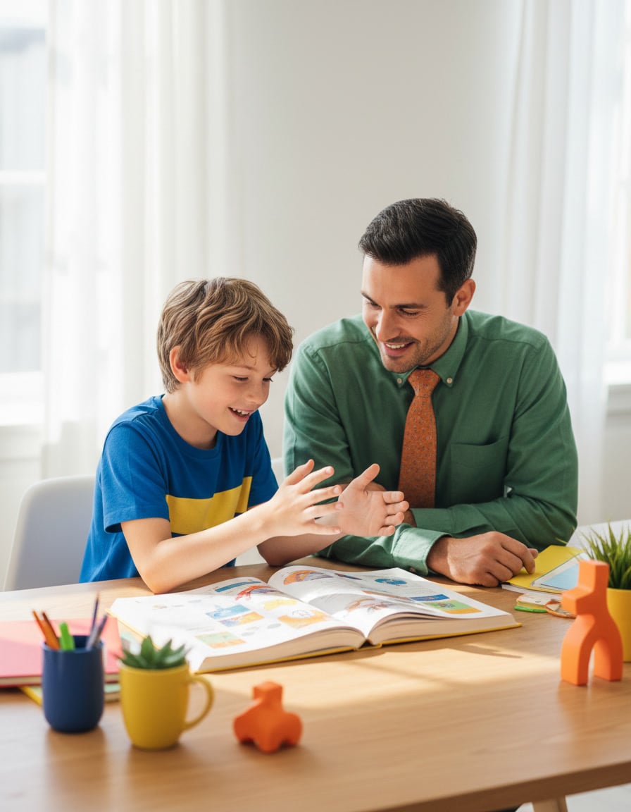 A boy explaining something with his hands to his father at a bright desk with an open book between them