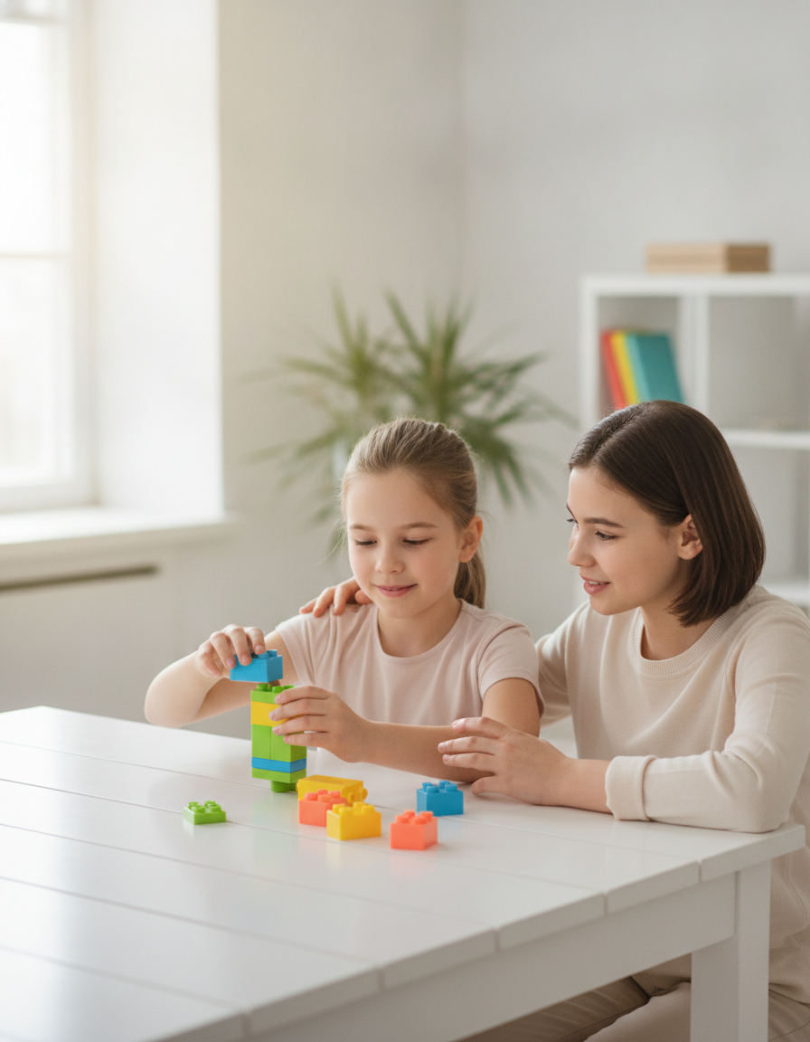 A parent and child building together with colorful blocks at a bright table