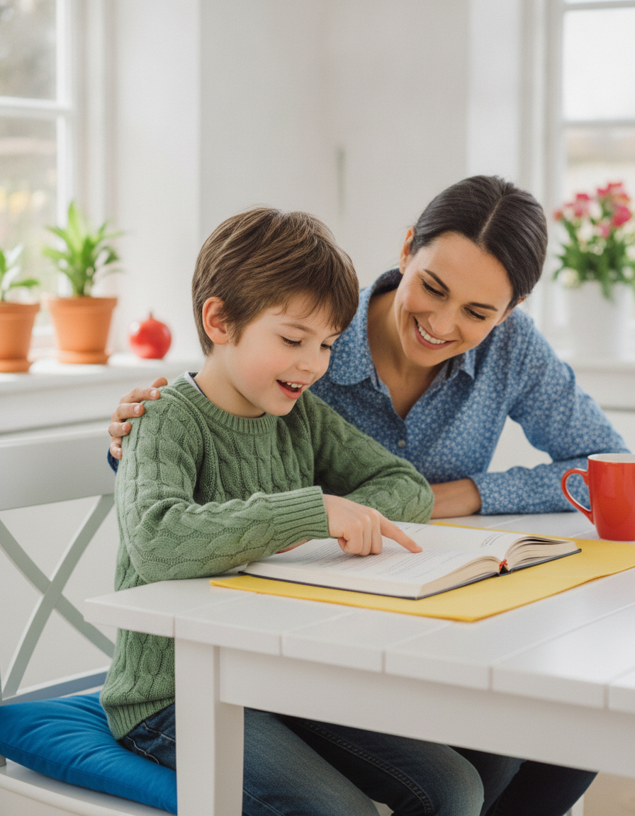 Child sounding something out at a sunny table while a parent leans in to listen.