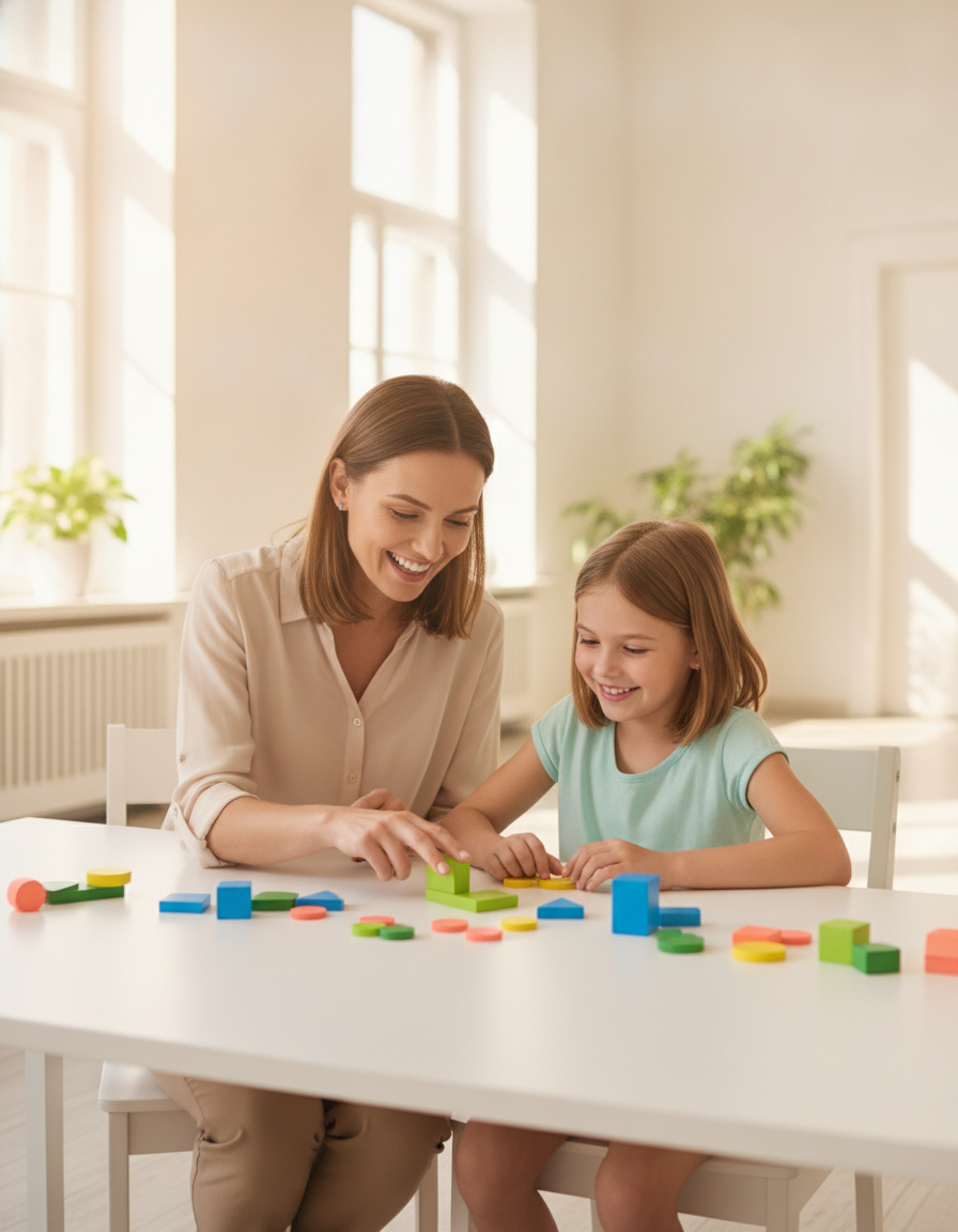 A parent and her 12-year-old working together on a hands-on learning activity at a bright table