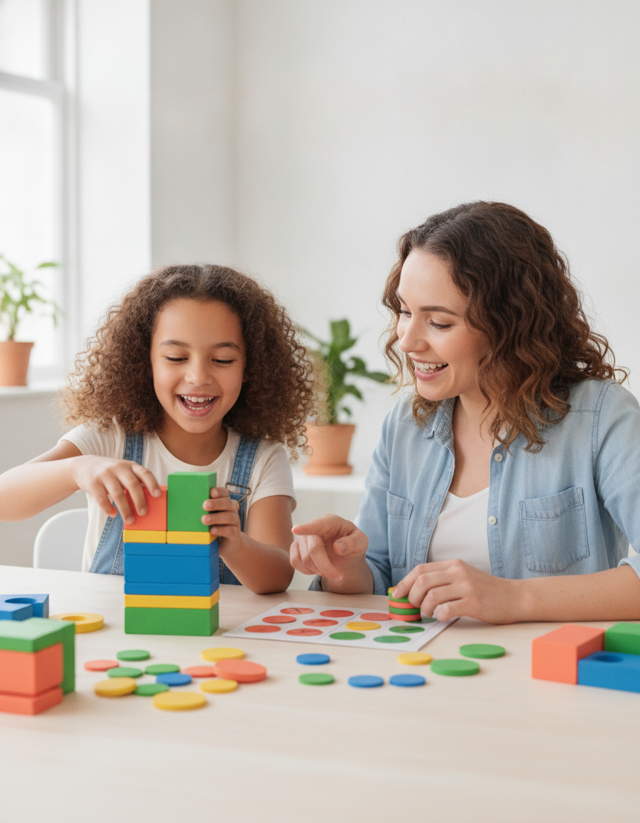 A smiling 12-year-old girl and her mother working together through a colorful hands-on activity