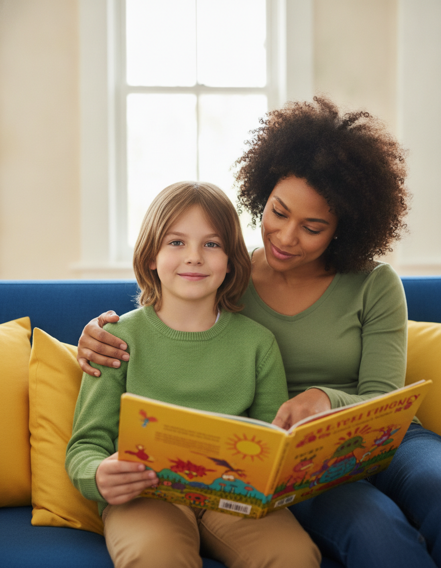 Child and parent sharing a picture book on a sunny sofa, the child smiling.