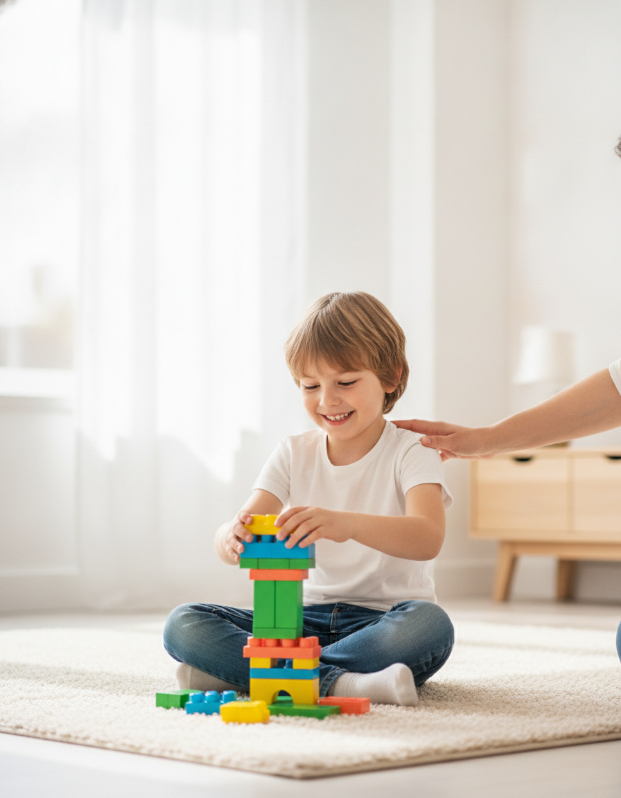 A happy 12-year-old child building a tower of colorful blocks at home while a parent's hand rests encouragingly on their shoulder