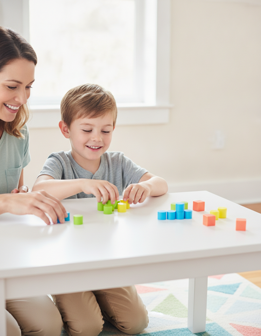 A parent and twelve-year-old count colorful blocks together at a bright table, building number sense hands-on.