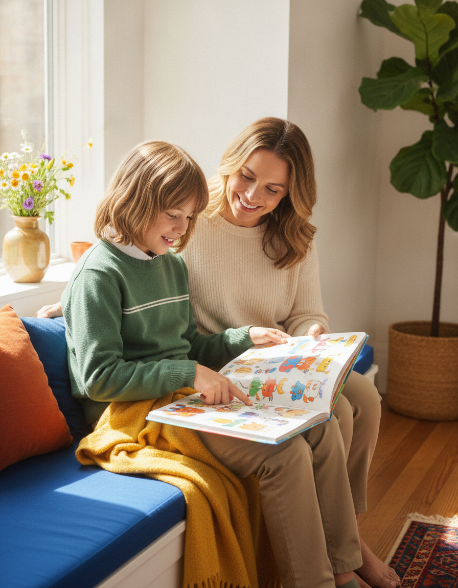Child and parent reading a picture book together on a sunny window seat, both smiling.