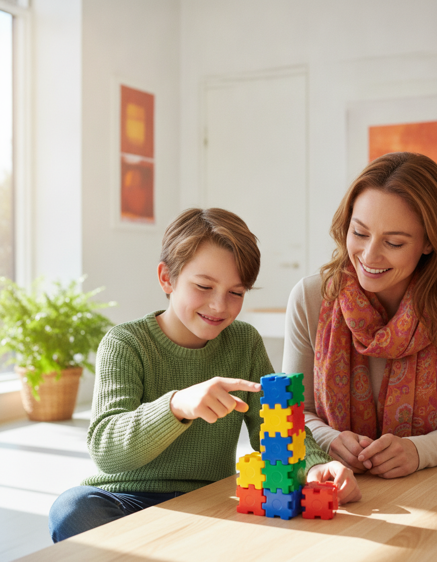 Child and parent at a sunny table building with colorful snap cubes together, both smiling.