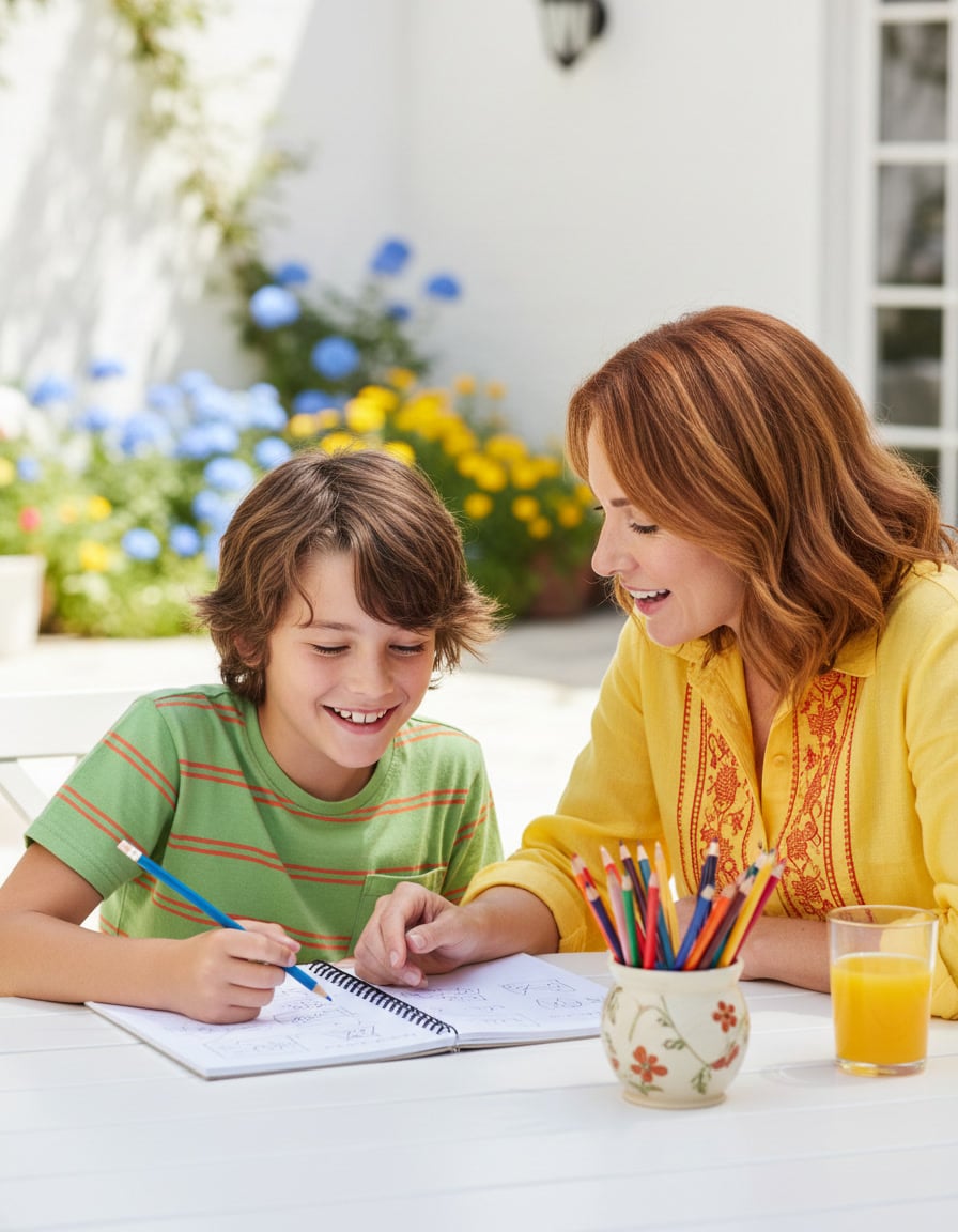 Parent sitting beside a child at a sunny table, listening as the child explains a homework task with a relieved smile