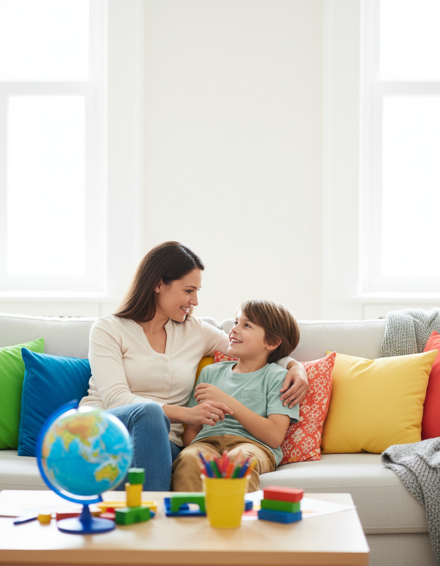 A parent sitting close with their 12-year-old on a couch at home, listening warmly as the child talks