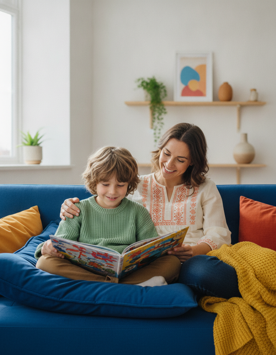 Child reading on a sunny sofa beside a parent who leans in with an encouraging smile.