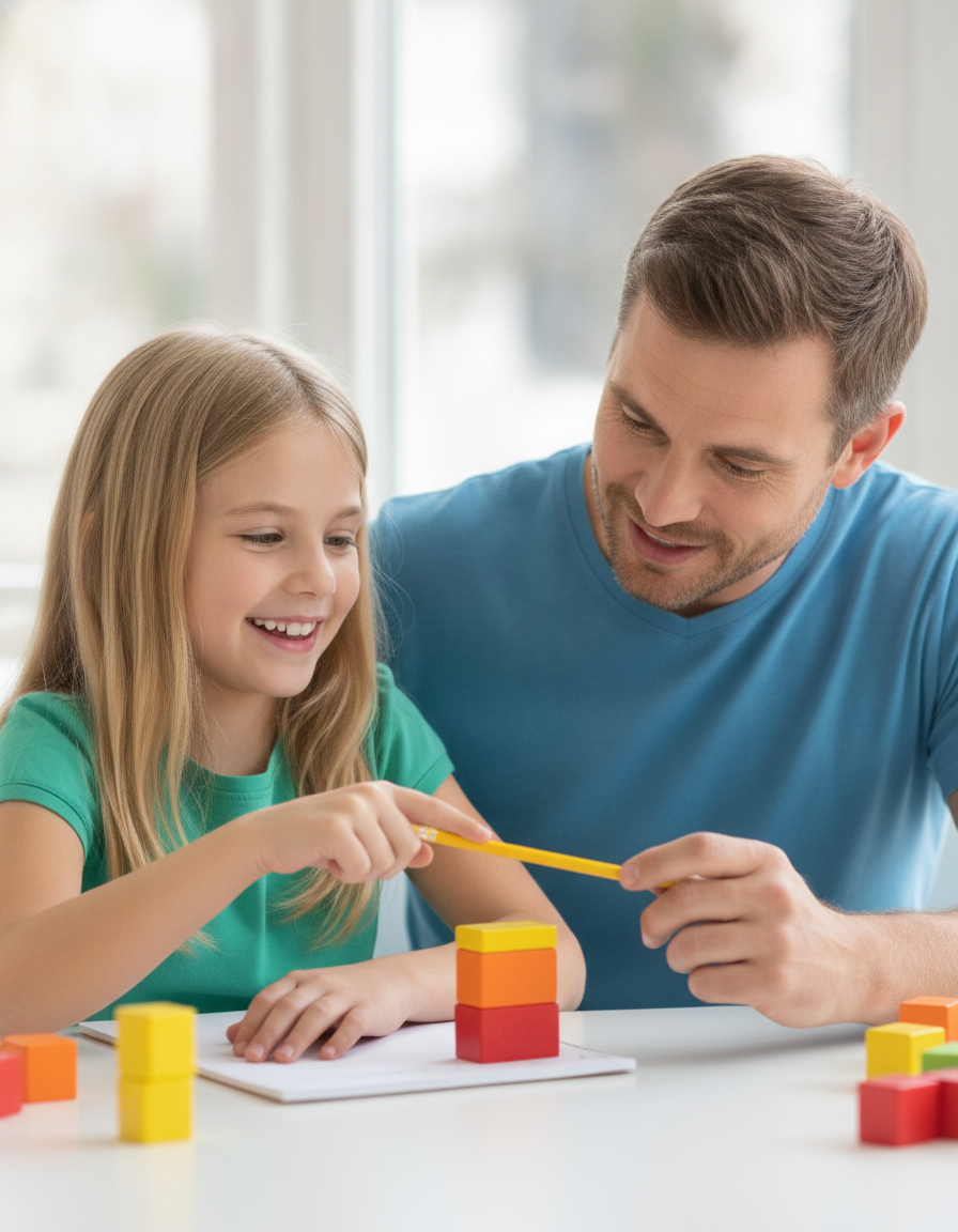 A father and daughter work through a short math practice session together at a bright desk.