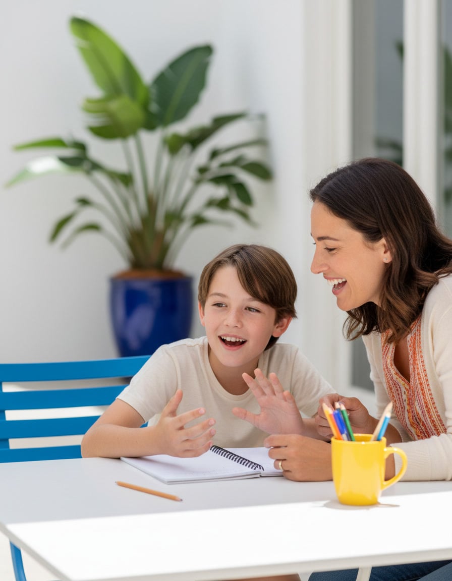 Child telling a story with expressive hands while a parent listens at a sunny table
