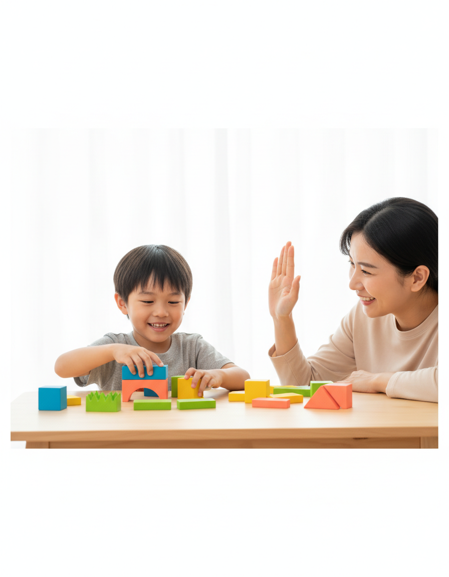 A child concentrating happily on a hands-on building activity while a proud parent beside them offers a warm high-five