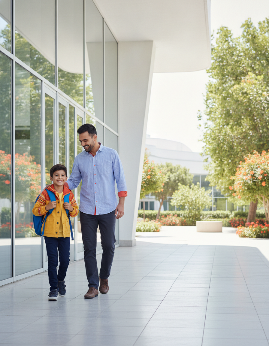 Father walking his son with a backpack toward the entrance of a new school on a bright morning