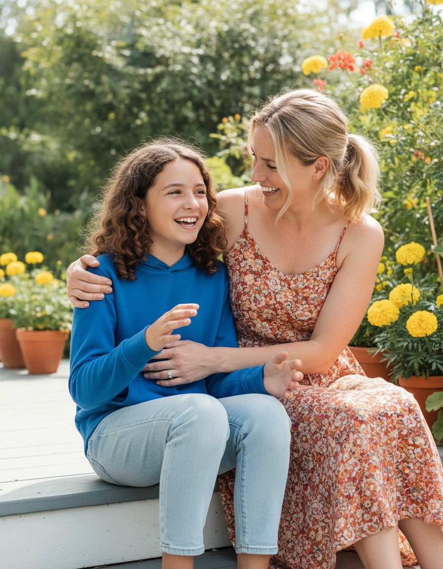 Mother with her arm around her daughter on a sunny porch, both smiling as they talk