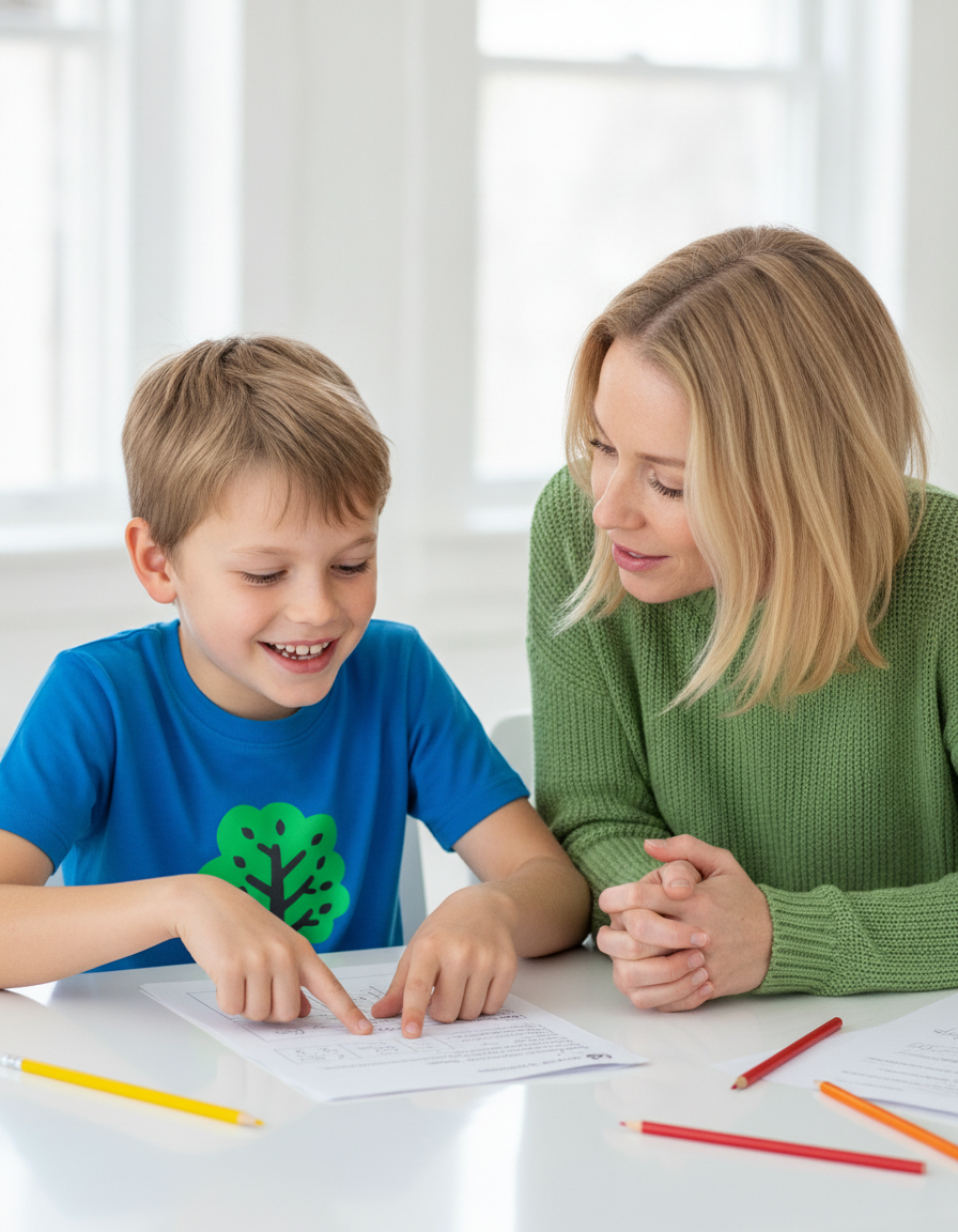 A boy proudly shows his mother a piece of schoolwork as she listens closely.