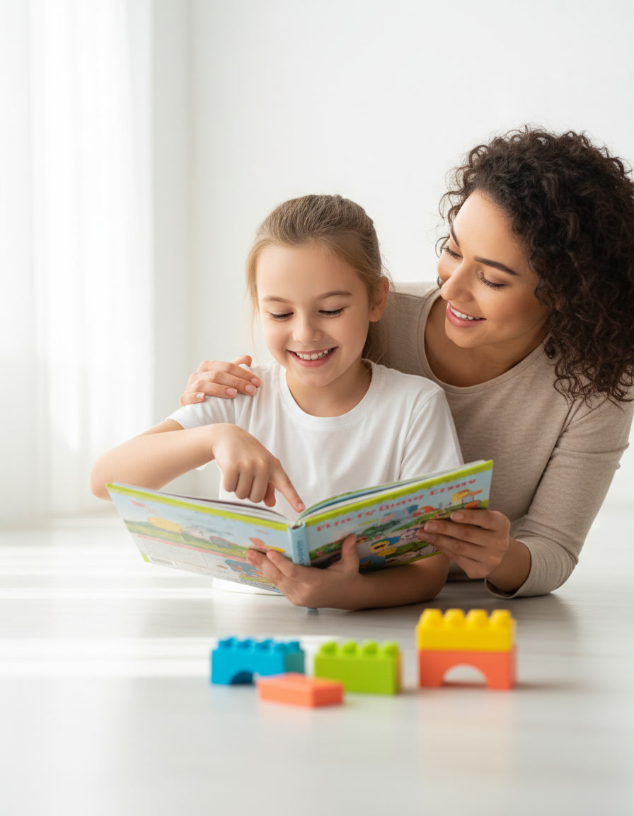 A smiling child pointing at an open book with a parent watching, looking more confident.