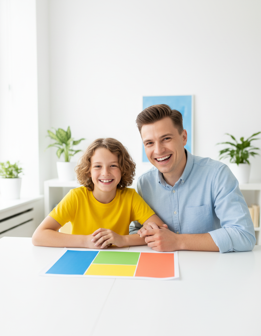 A parent and a hopeful 12-year-old child looking together at a colorful progress chart