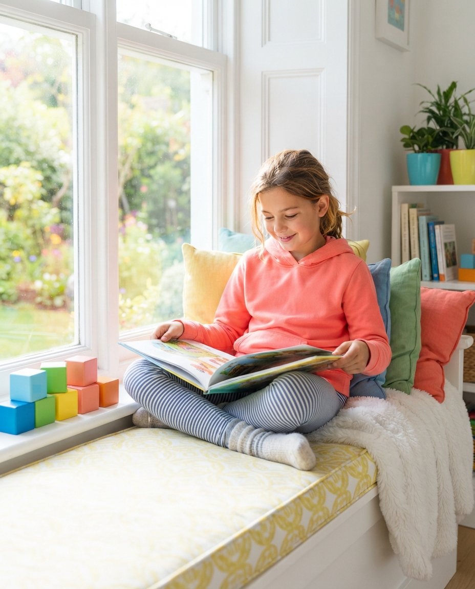 A happy, confident child curled up in a sunlit window seat, absorbed and content with an open storybook.