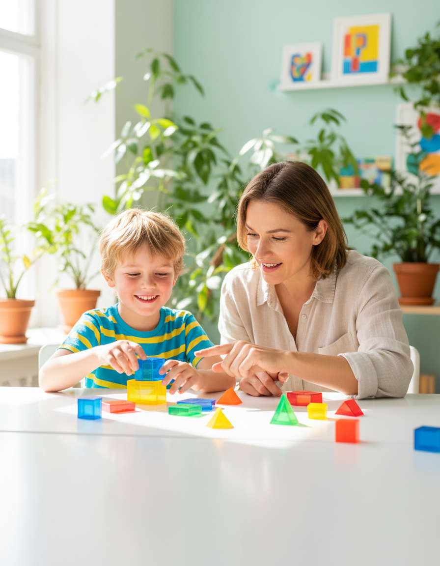 A cheerful 12-year-old child working happily beside an encouraging parent at a bright, light table with colorful learning blocks
