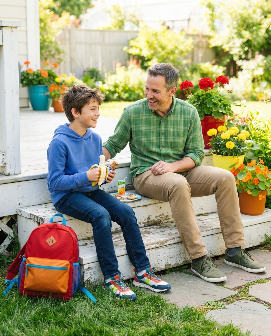 A boy and his father sharing a snack on a sunny back step after school, the boy relaxed and smiling