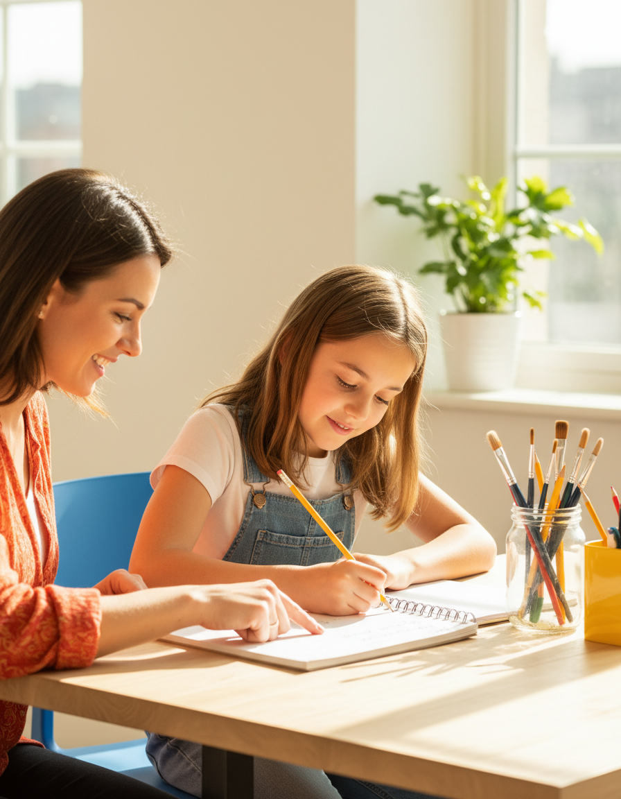Parent sitting beside a teen girl as she works a math problem in her notebook at a bright table