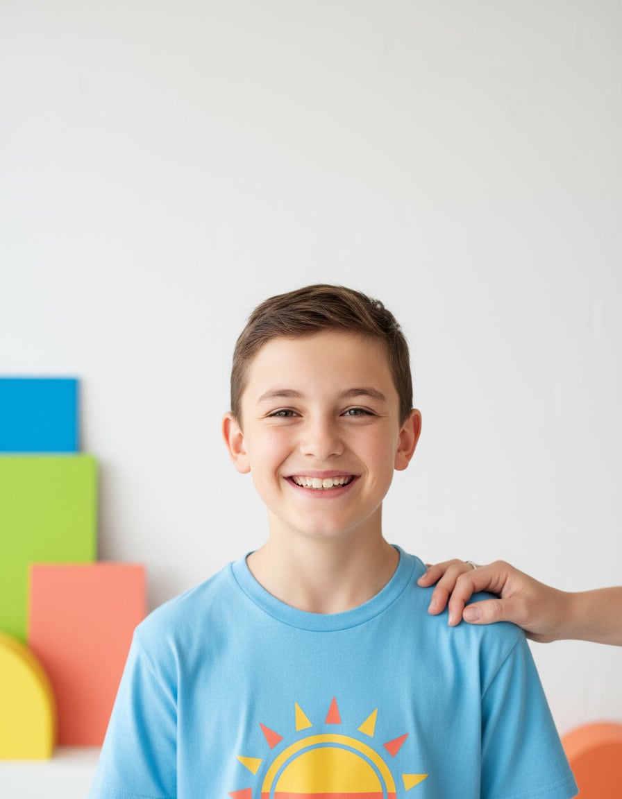 A determined 12-year-old smiling with quiet pride after a small win, a supportive parent's hand on their shoulder