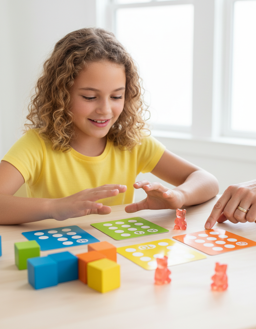 A cheerful 12-year-old girl exploring bright colorful counting manipulatives and dot cards while a parent guides